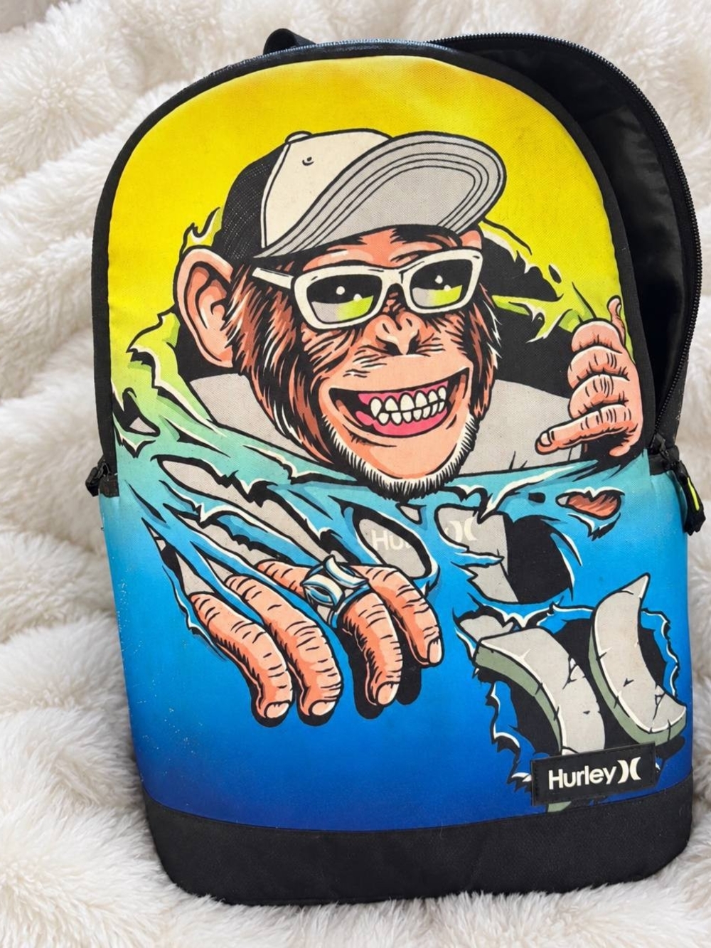 Hurley Yellow and Blue Graphic Monkey Backpack Unisex Regular Size